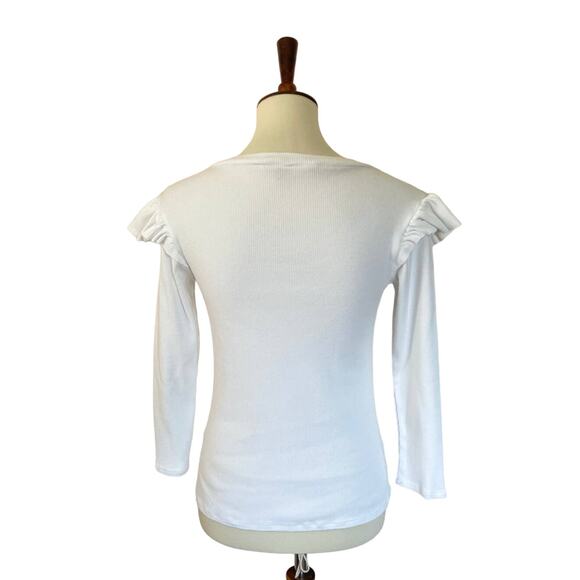 Veronica Beard Selene Ribbed Ruffle Shoulder Top - Picture 2 of 4